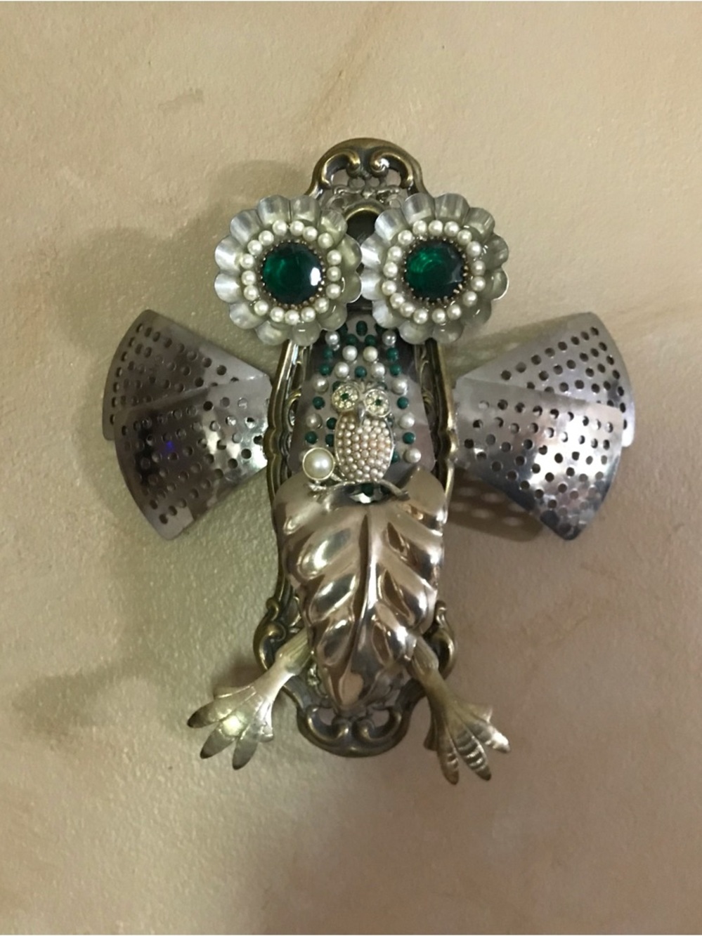 Artisan handcrafted Silver and Green Decorative Owl